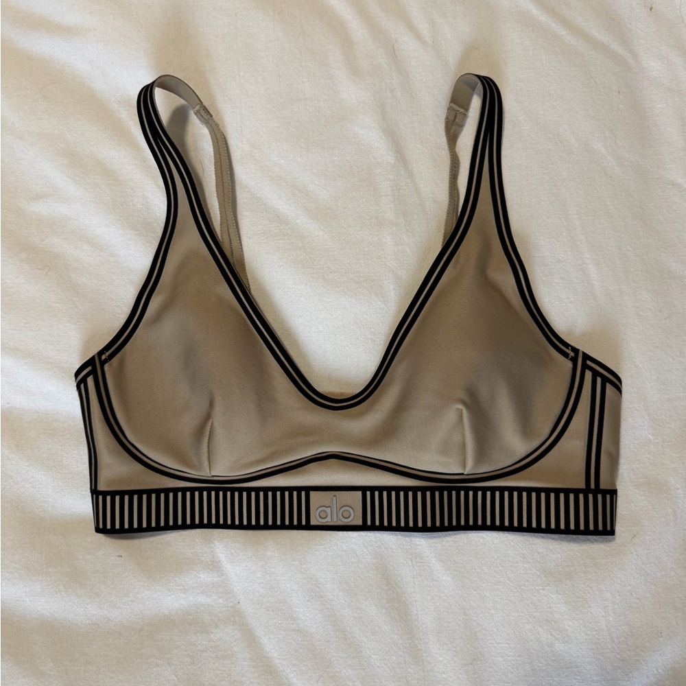ALO Yoga beige Sports Bra with Black Trum